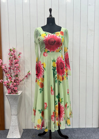 Pista Elegant Pure Soft Fox Georgette Floral Churidar Gown Set with Dupatta – Ready to Wear