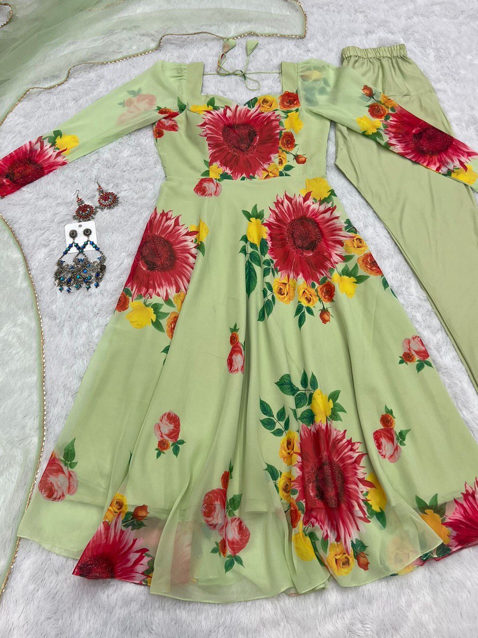 Pista Elegant Pure Soft Fox Georgette Floral Churidar Gown Set with Dupatta – Ready to Wear