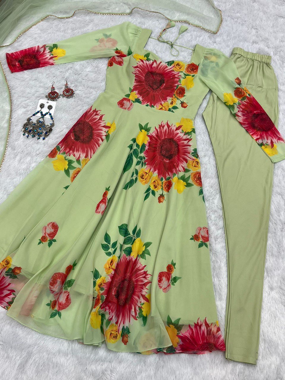 Pista Elegant Pure Soft Fox Georgette Floral Churidar Gown Set with Dupatta – Ready to Wear