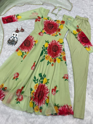 Pista Elegant Pure Soft Fox Georgette Floral Churidar Gown Set with Dupatta – Ready to Wear