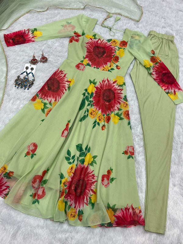 Pista Elegant Pure Soft Fox Georgette Floral Churidar Gown Set with Dupatta – Ready to Wear