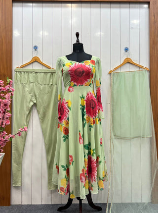 Pista Elegant Pure Soft Fox Georgette Floral Churidar Gown Set with Dupatta – Ready to Wear