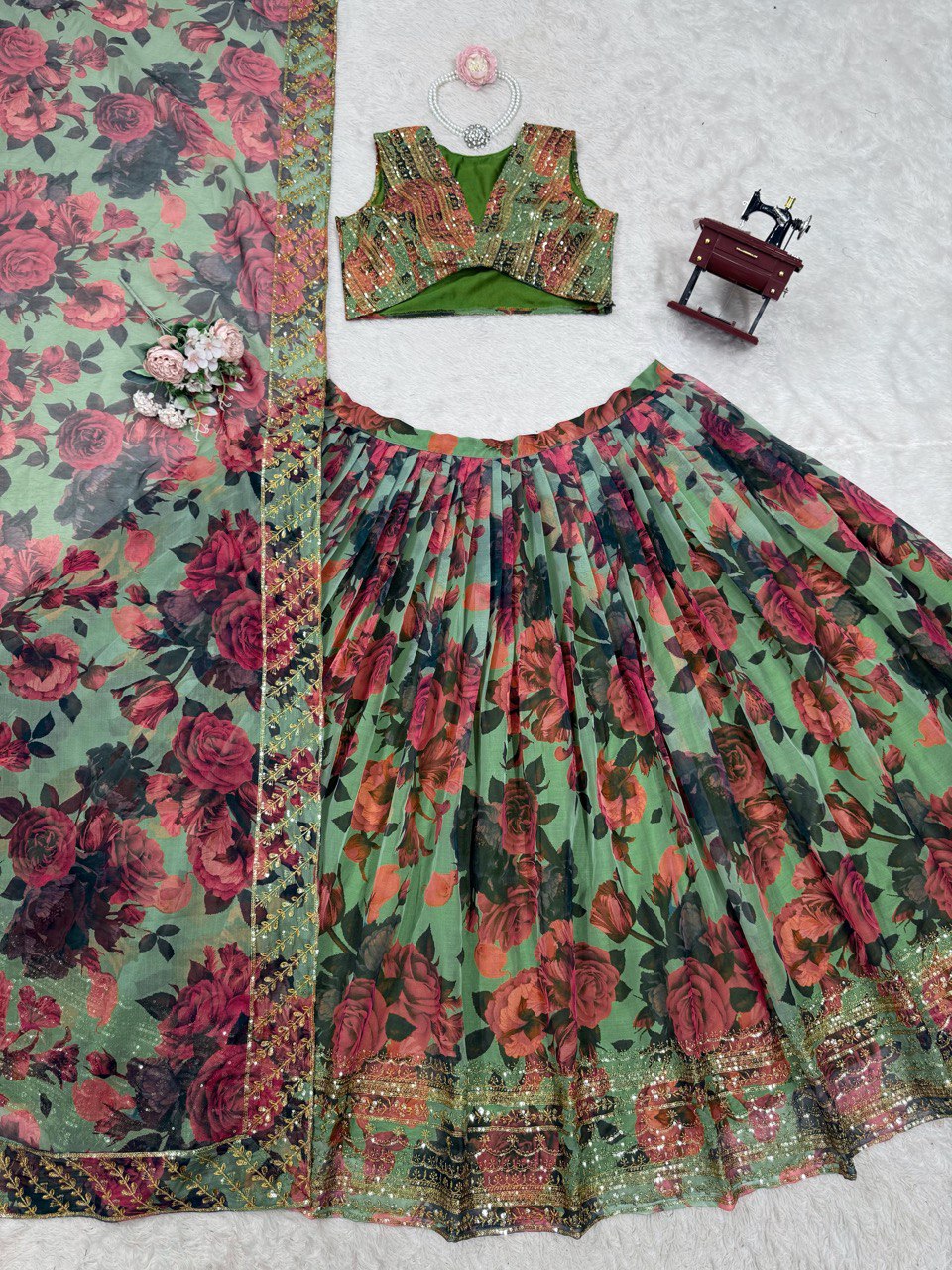Pista Elegant Tabby Organza Lehenga Set with Digital Print & Sequins Work ClothsVilla