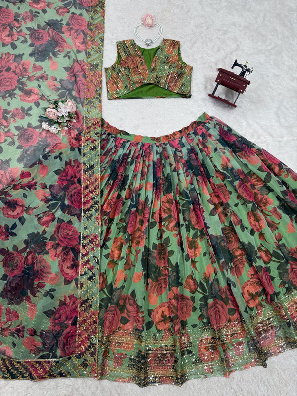 Pista Elegant Tabby Organza Lehenga Set with Digital Print & Sequins Work ClothsVilla