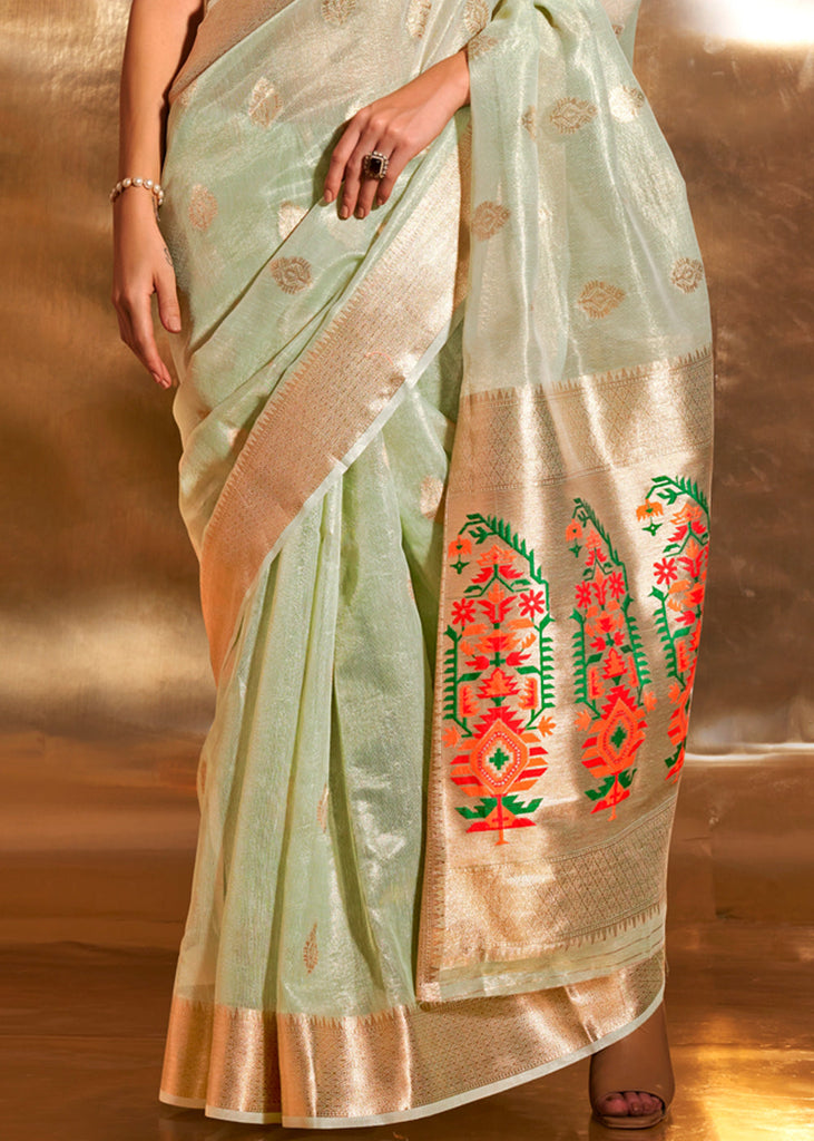 Pista Elegant Tissue Paithani Silk Saree with Designer Border & Embroidered Pallu ClothsVilla