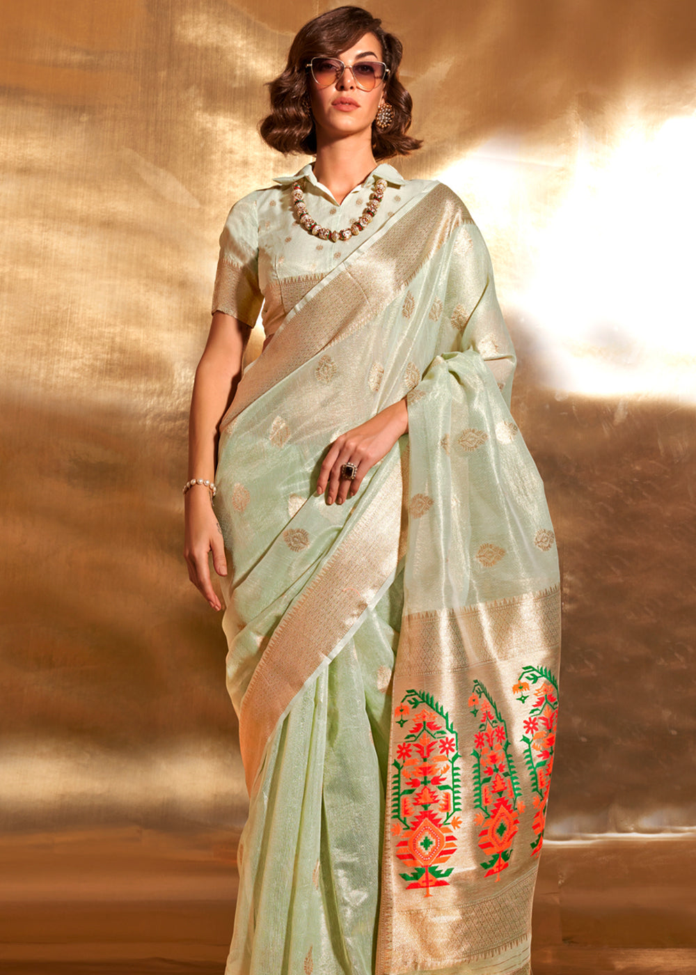 Pista Elegant Tissue Paithani Silk Saree with Designer Border & Embroidered Pallu ClothsVilla Main image