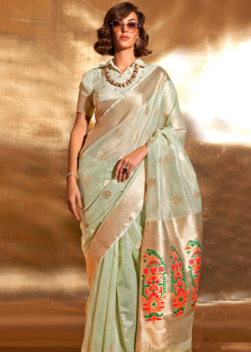 Pista Elegant Tissue Paithani Silk Saree with Designer Border & Embroidered Pallu ClothsVilla