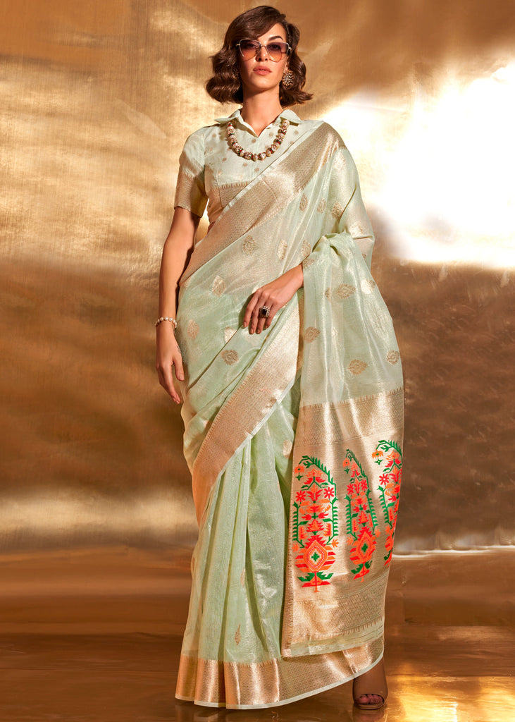 Pista Elegant Tissue Paithani Silk Saree with Designer Border & Embroidered Pallu ClothsVilla
