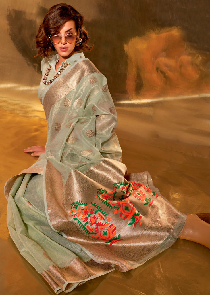 Pista Elegant Tissue Paithani Silk Saree with Designer Border & Embroidered Pallu ClothsVilla