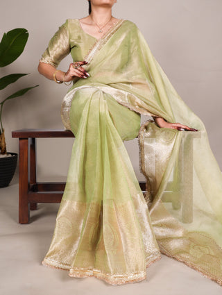 Pista Elegant Tissue Shimmer Saree with Zari Weaving and Sequins Lace Border
