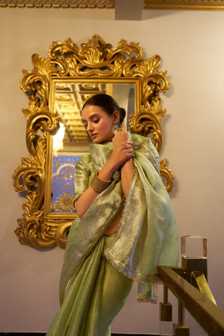 Pista Elegant Tissue Shimmer Saree with Zari Weaving and Sequins Lace Border ClothsVilla