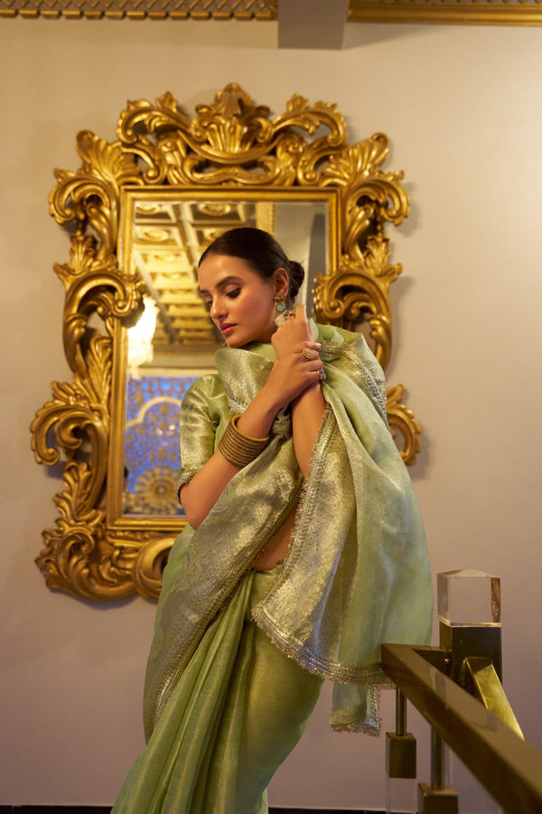Pista Elegant Tissue Shimmer Saree with Zari Weaving and Sequins Lace Border ClothsVilla