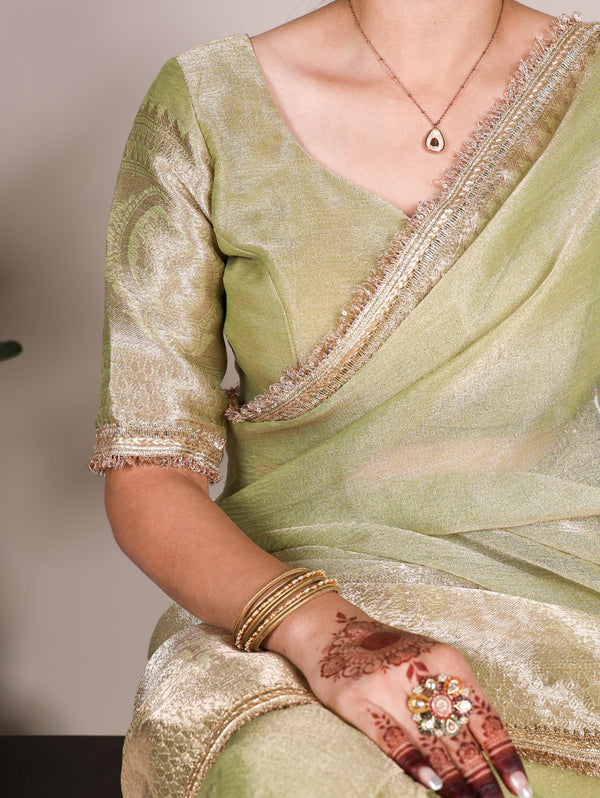 Pista Elegant Tissue Shimmer Saree with Zari Weaving and Sequins Lace Border