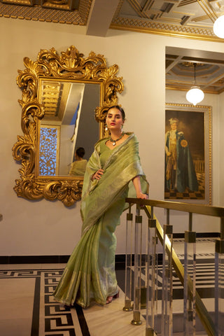 Pista Elegant Tissue Shimmer Saree with Zari Weaving and Sequins Lace Border ClothsVilla