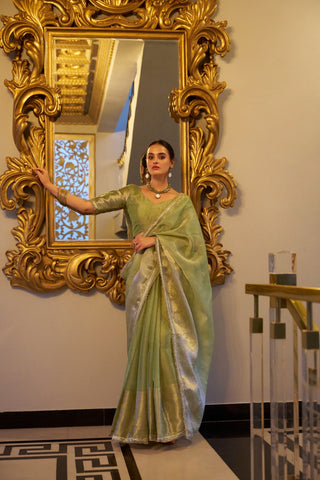 Pista Elegant Tissue Shimmer Saree with Zari Weaving and Sequins Lace Border ClothsVilla
