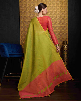 Pista Elegant Woven Design Linen Blend Saree with Zari Border ClothsVilla