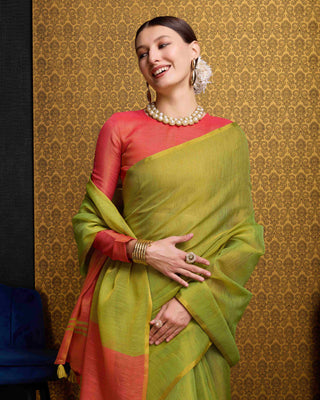 Pista Elegant Woven Design Linen Blend Saree with Zari Border ClothsVilla