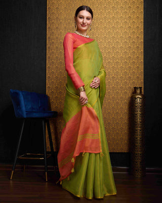 Pista Elegant Woven Design Linen Blend Saree with Zari Border ClothsVilla