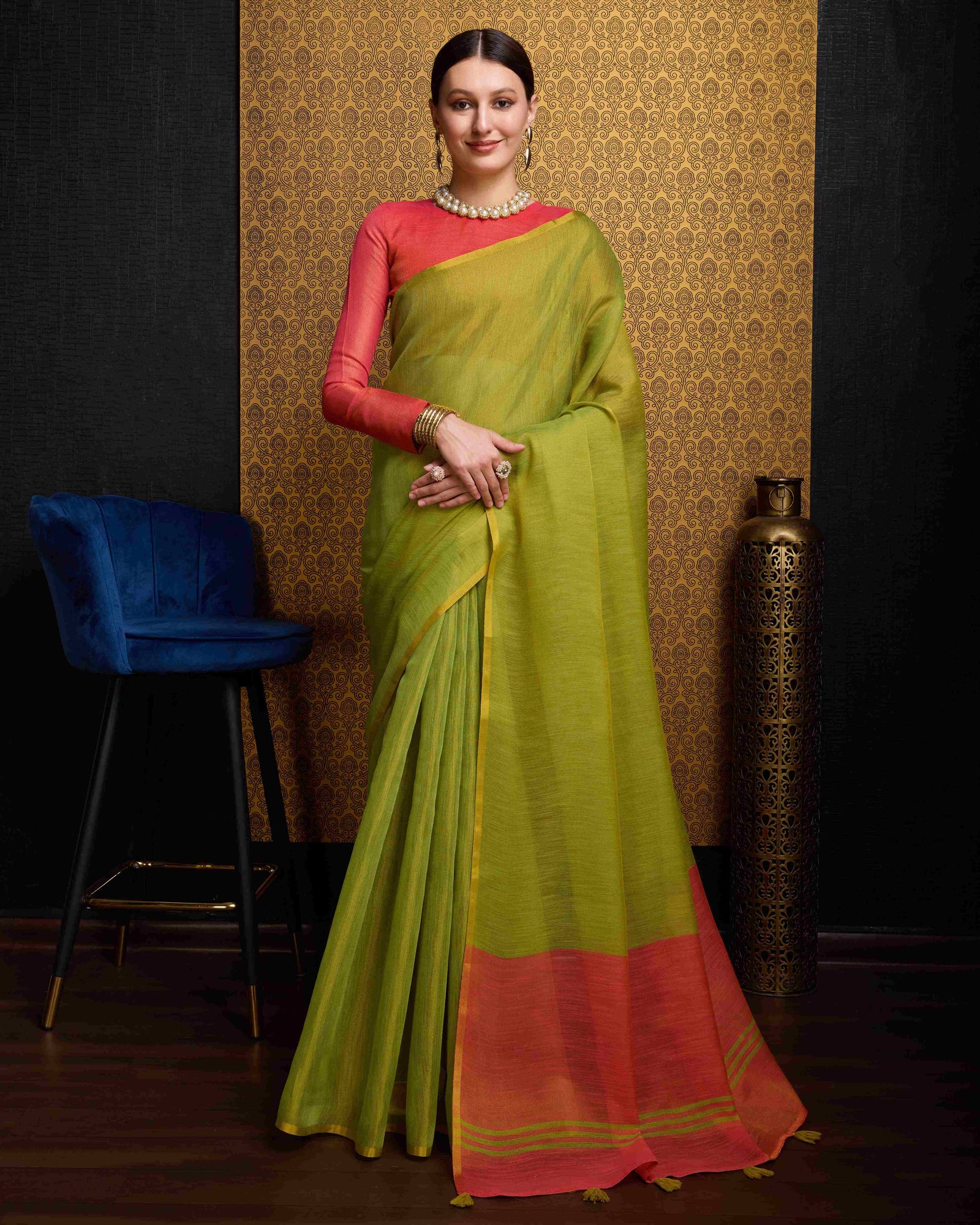 Pista Elegant Woven Design Linen Blend Saree with Zari Border ClothsVilla