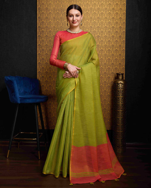 Pista Elegant Woven Design Linen Blend Saree with Zari Border ClothsVilla Main image