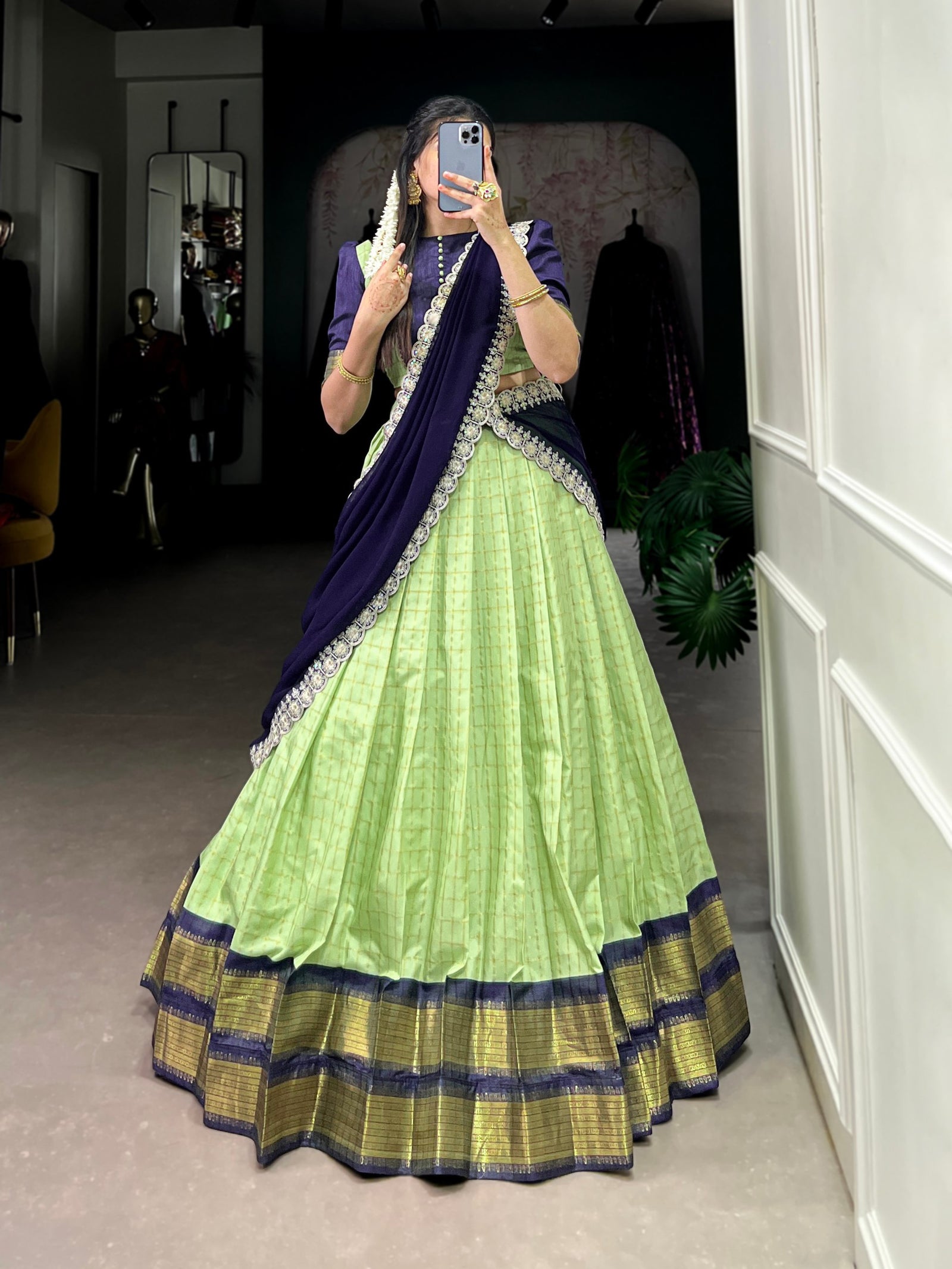 Pista Elegant Zari Chex Lehenga Set – Perfect Blend of Tradition & Trend