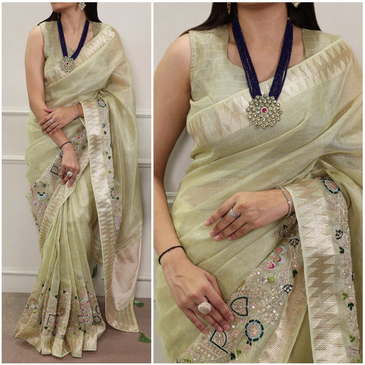 Pista Elegant Zari Kota Tissue Saree with Embroidery Beads Work & Zari Weaving Border, Matching Unstitched Blouse – Festive & Traditional Wear ClothsVilla Main image