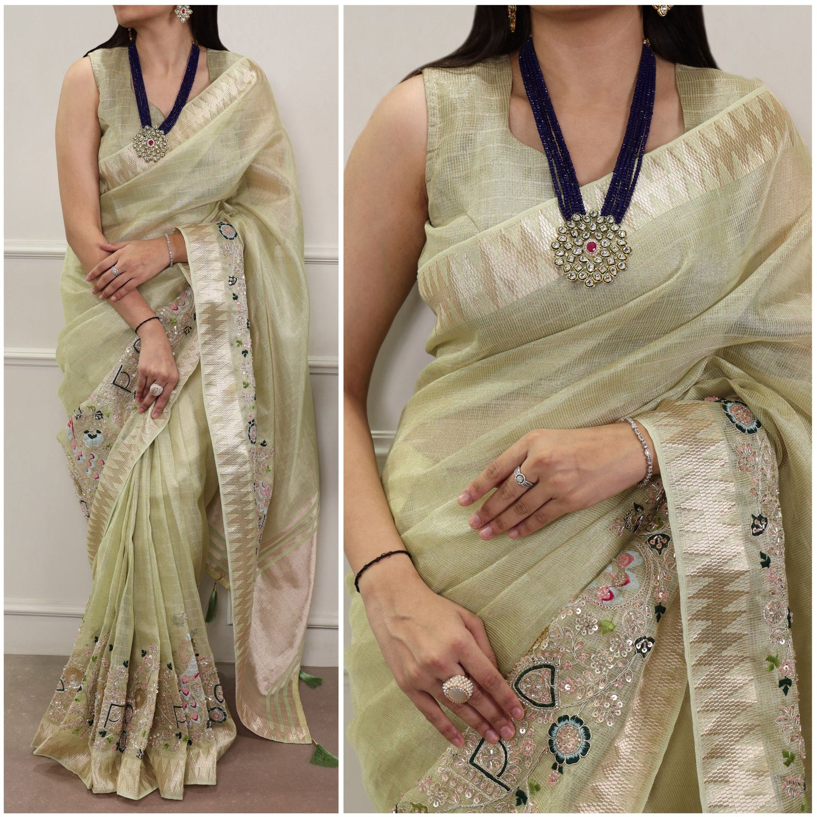 Pista Elegant Zari Kota Tissue Saree with Embroidery Beads Work & Zari Weaving Border, Matching Unstitched Blouse – Festive & Traditional Wear ClothsVilla