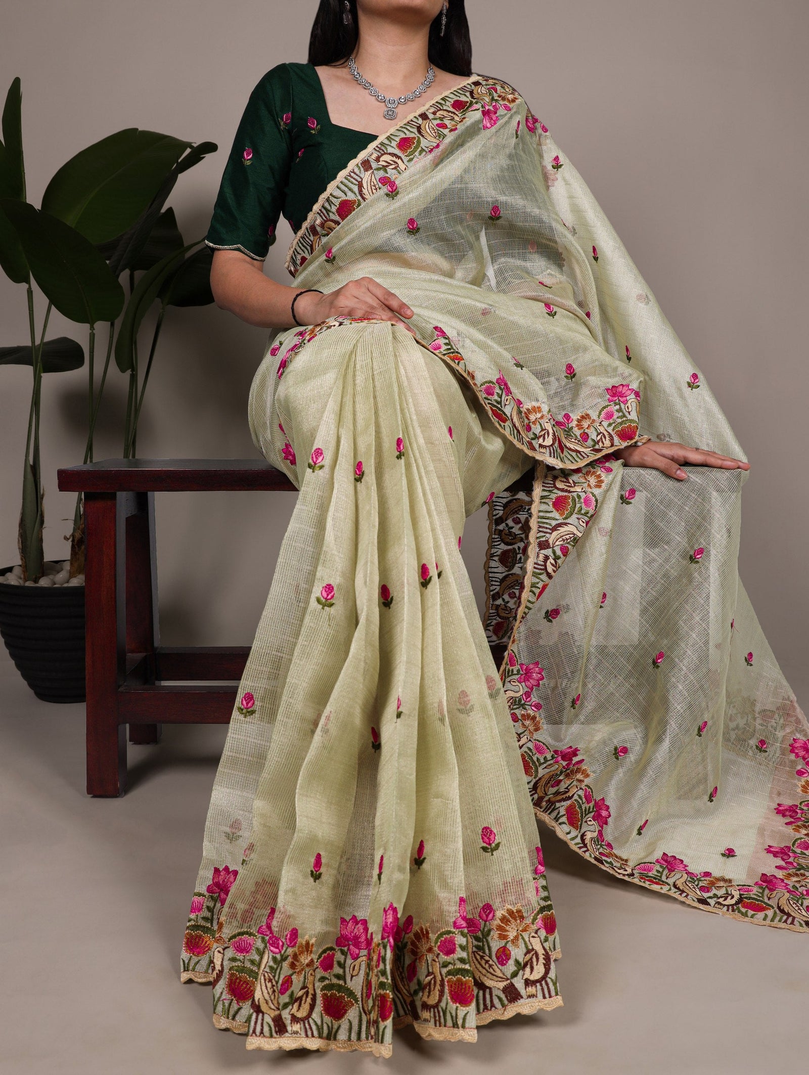 Pista Elegant Zari Kota Tissue Saree with Exquisite Thread Embroidery Work and Banglory Blouse Piece – Premium Ethnic Ensemble ClothsVilla
