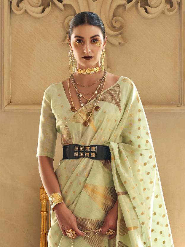 Pista Embroidered Banarasi Tissue Saree with Tassels ClothsVilla