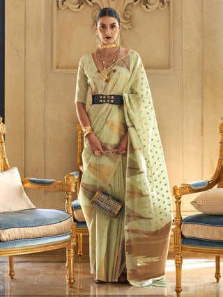 Pista Embroidered Banarasi Tissue Saree with Tassels ClothsVilla