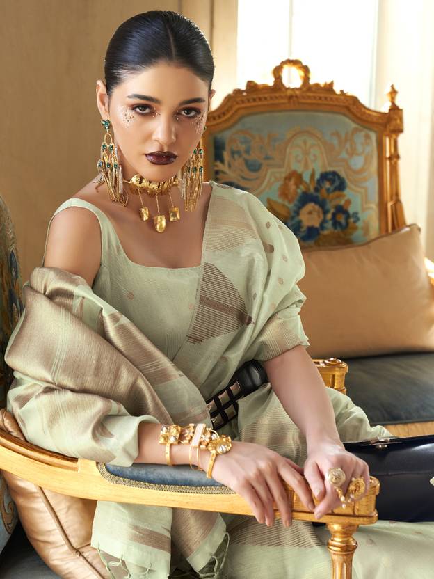 Pista Embroidered Banarasi Tissue Saree with Tassels ClothsVilla