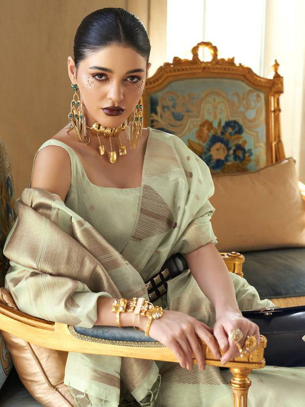 Pista Embroidered Banarasi Tissue Saree with Tassels ClothsVilla