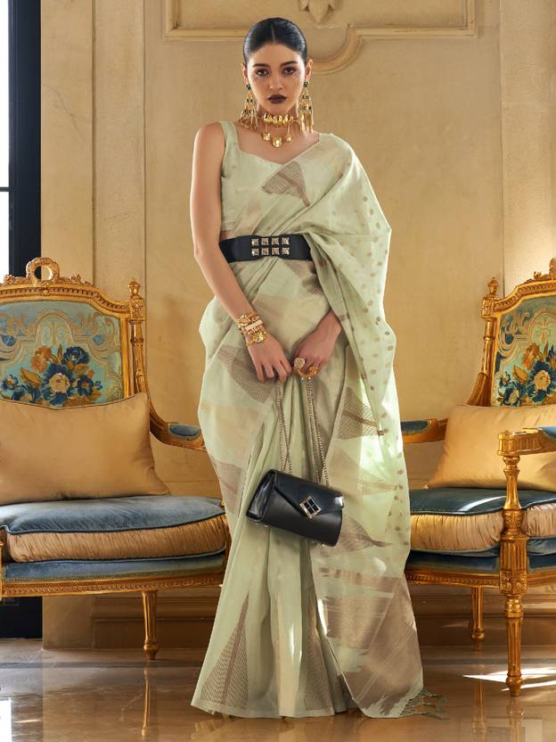 Pista Embroidered Banarasi Tissue Saree with Tassels ClothsVilla