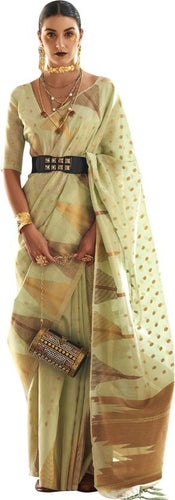 Pista Embroidered Banarasi Tissue Saree with Tassels ClothsVilla
