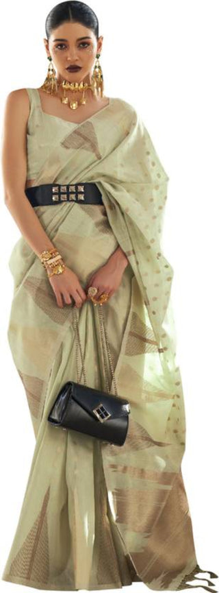 Pista Embroidered Banarasi Tissue Saree with Tassels ClothsVilla