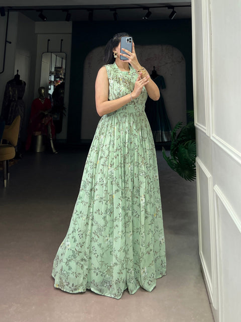 Pista Floral Printed Weightless Marbal Long Dress with 3.40 Meter Flair, Silk Lining & Drawstring Zip Closure – Fully Stitched Casual & Party Wear ClothsVilla Main image