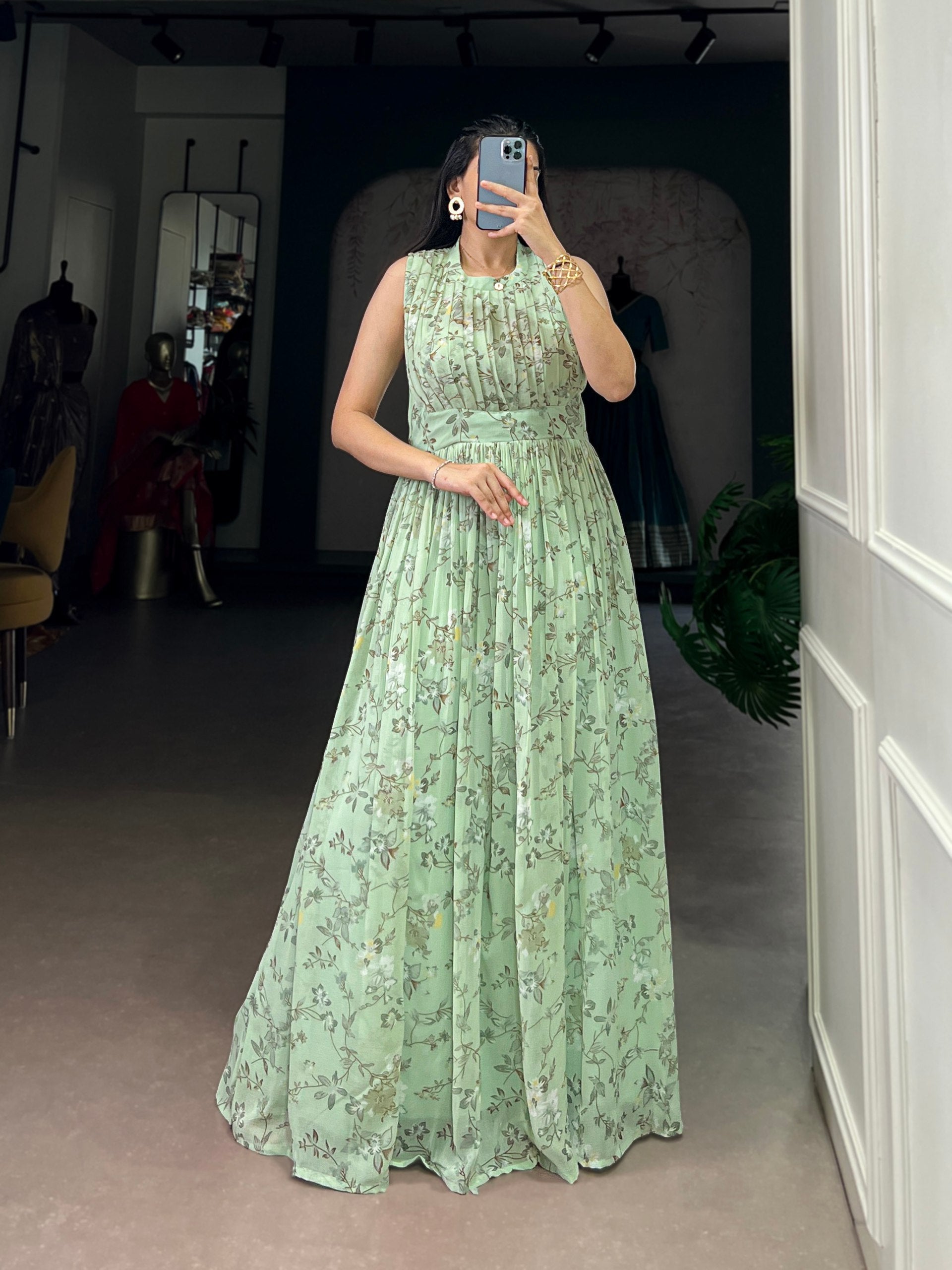Pista Floral Printed Weightless Marbal Long Dress with 3.40 Meter Flair, Silk Lining & Drawstring Zip Closure – Fully Stitched Casual & Party Wear ClothsVilla