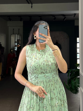 Pista Floral Printed Weightless Marbal Long Dress with 3.40 Meter Flair, Silk Lining & Drawstring Zip Closure – Fully Stitched Casual & Party Wear ClothsVilla