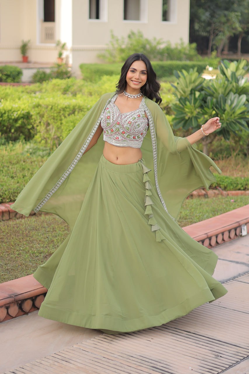Pista Georgette Lehenga Choli with Shrug ClothsVilla