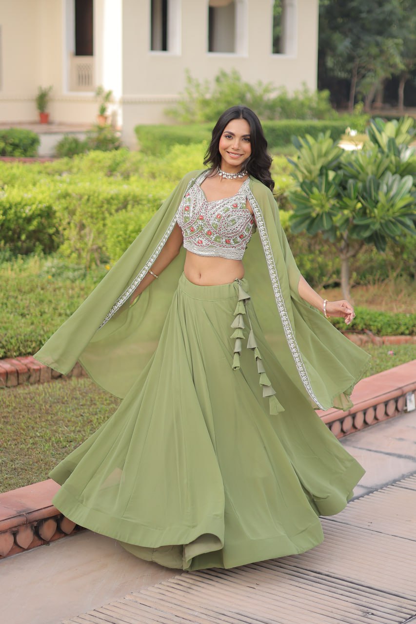 Pista Georgette Lehenga Choli with Shrug ClothsVilla