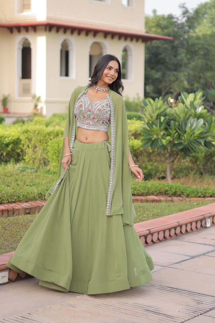 Pista Georgette Lehenga Choli with Shrug ClothsVilla