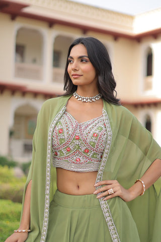 Pista Georgette Lehenga Choli with Shrug ClothsVilla