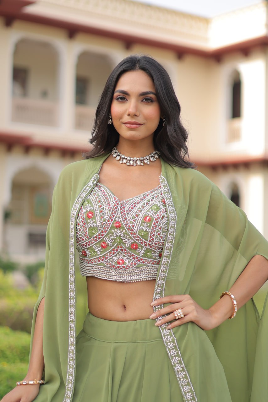 Pista Georgette Lehenga Choli with Shrug ClothsVilla
