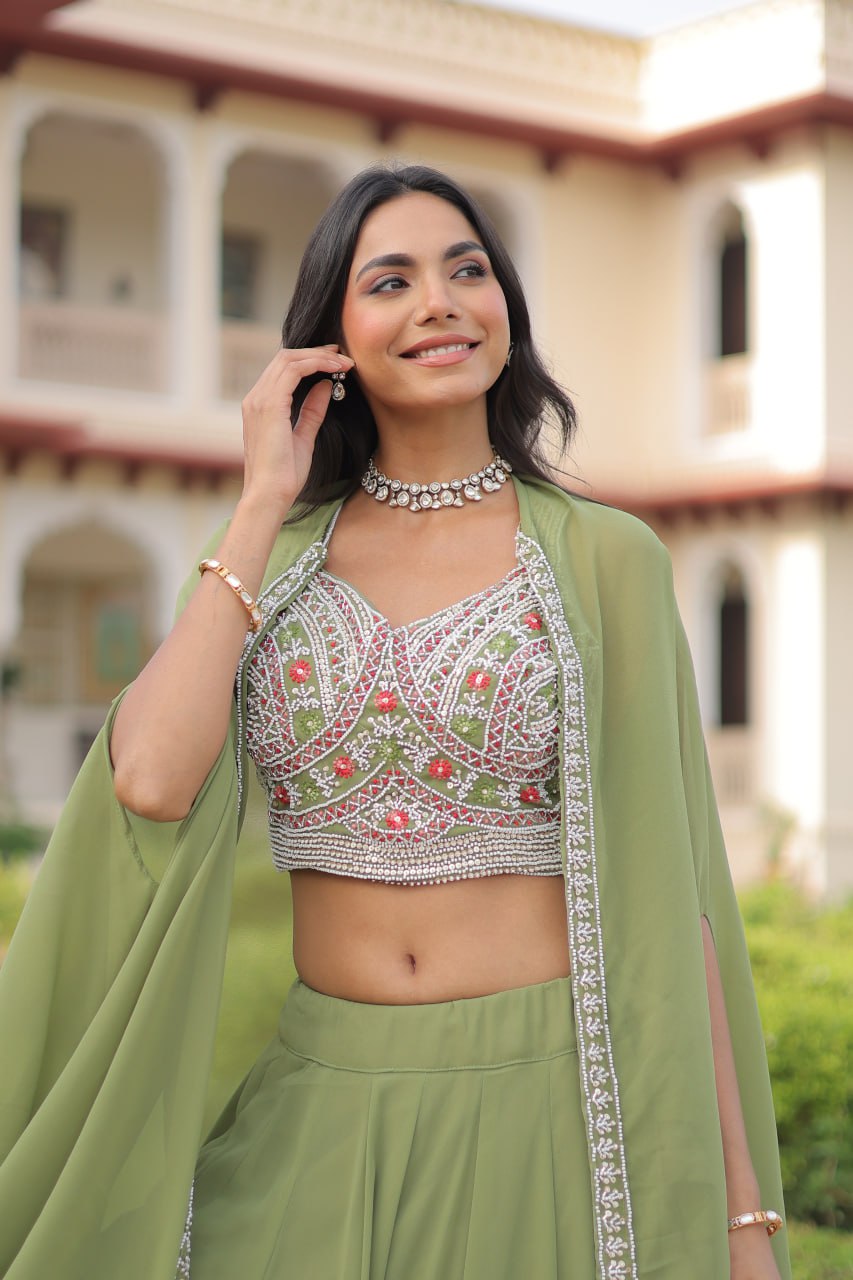 Pista Georgette Lehenga Choli with Shrug ClothsVilla
