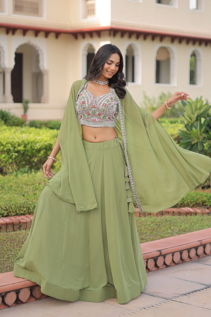 Pista Georgette Lehenga Choli with Shrug ClothsVilla