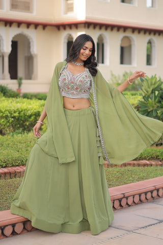 Pista Georgette Lehenga Choli with Shrug ClothsVilla