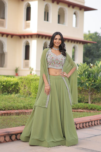 Pista Georgette Lehenga Choli with Shrug ClothsVilla