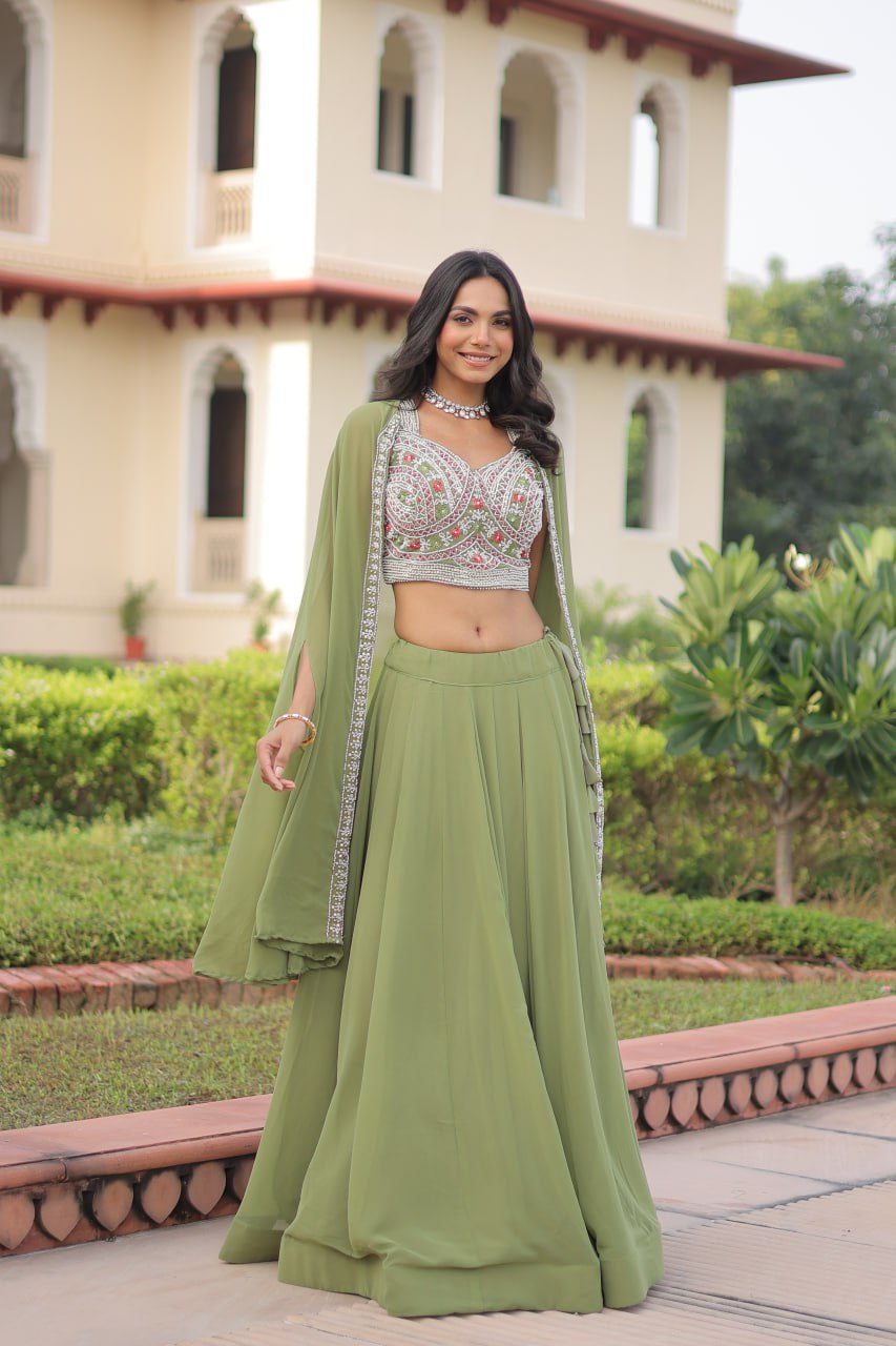 Pista Georgette Lehenga Choli with Shrug ClothsVilla