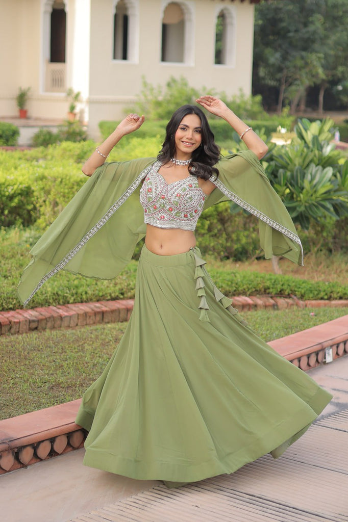 Pista Georgette Lehenga Choli with Shrug ClothsVilla