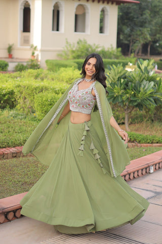 Pista Georgette Lehenga Choli with Shrug ClothsVilla